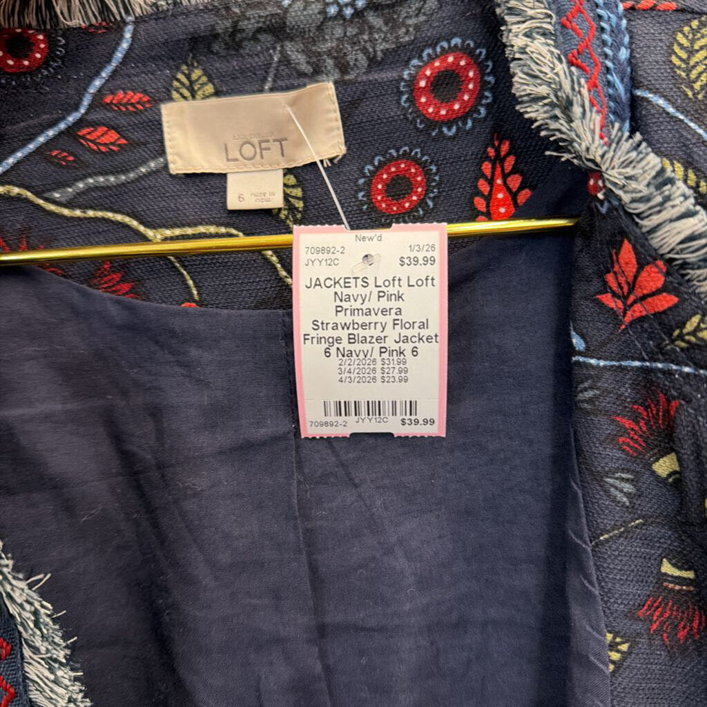 Loft Navy/ Pink Primavera Strawberry Floral Fringe Blazer Jacket 6