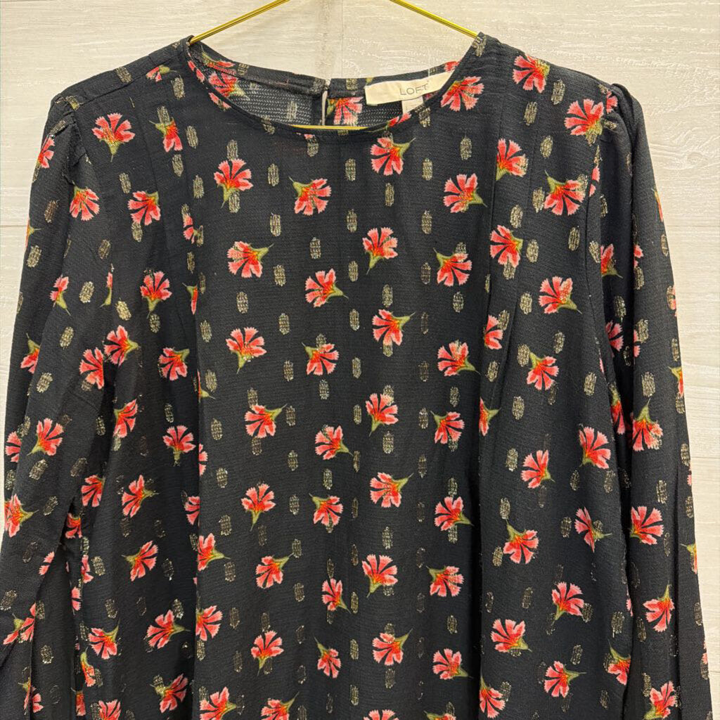 Loft Black/ Pink Flower Print Long Sleeve Top Large