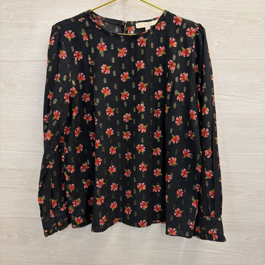 Loft Black/ Pink Flower Print Long Sleeve Top Large