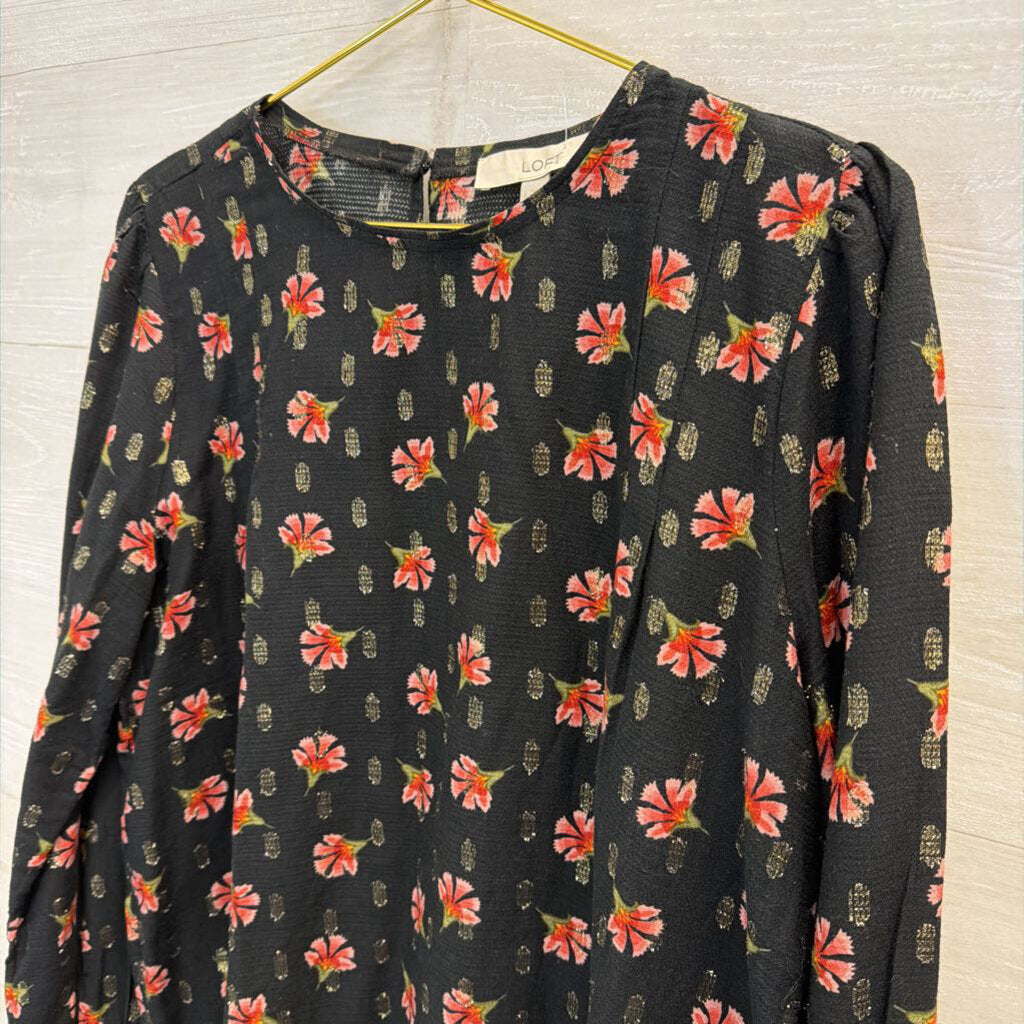 Loft Black/ Pink Flower Print Long Sleeve Top Large