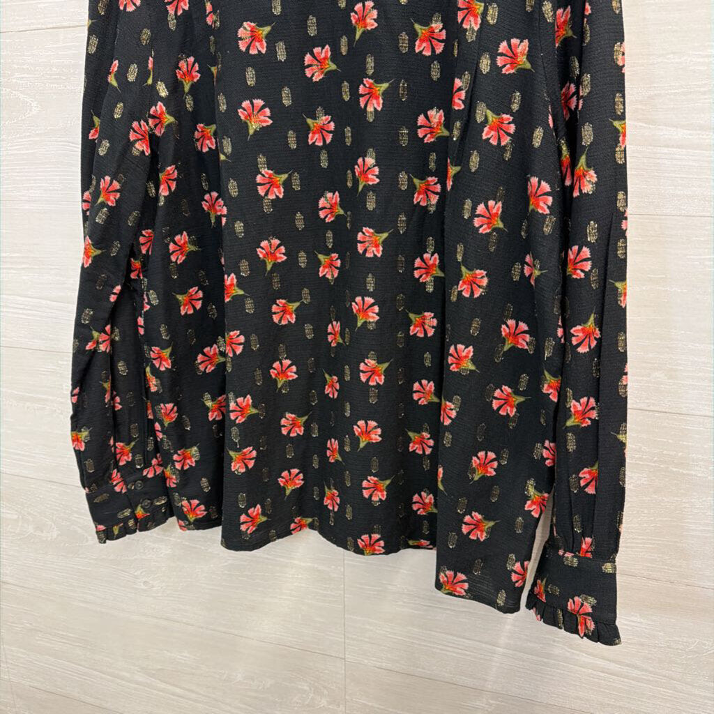 Loft Black/ Pink Flower Print Long Sleeve Top Large