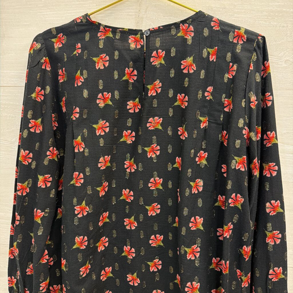 Loft Black/ Pink Flower Print Long Sleeve Top Large