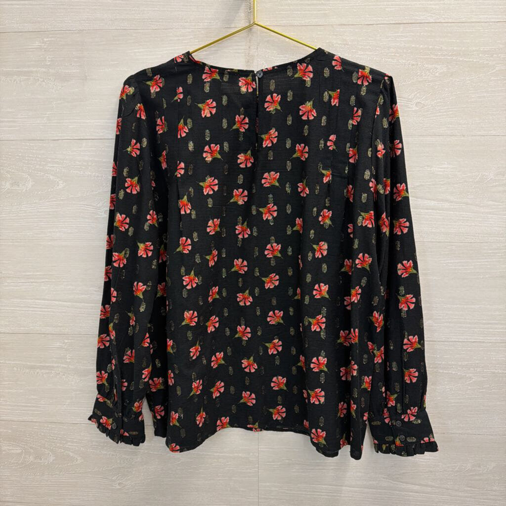 Loft Black/ Pink Flower Print Long Sleeve Top Large