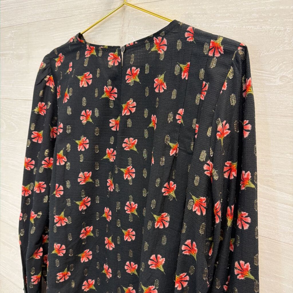 Loft Black/ Pink Flower Print Long Sleeve Top Large
