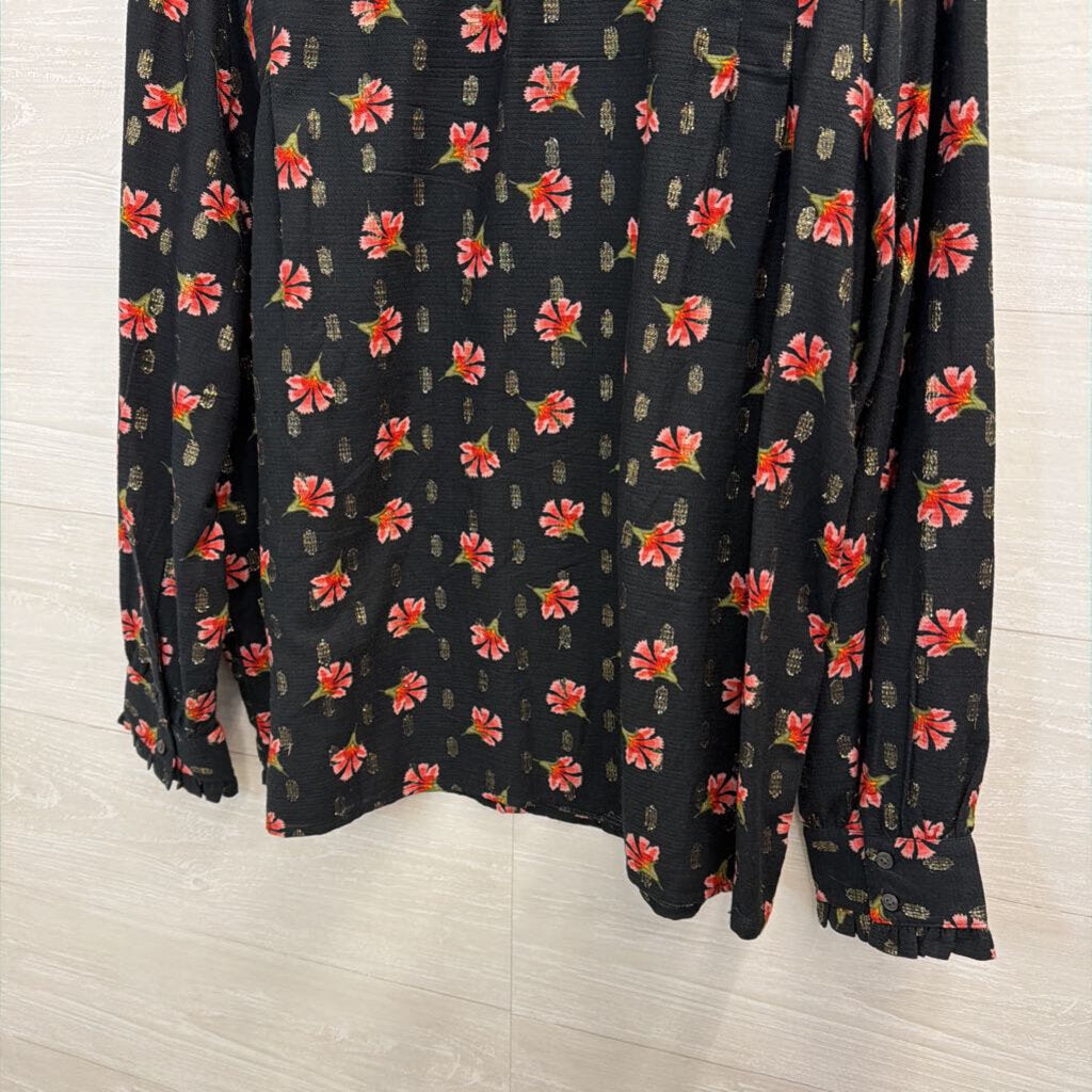 Loft Black/ Pink Flower Print Long Sleeve Top Large
