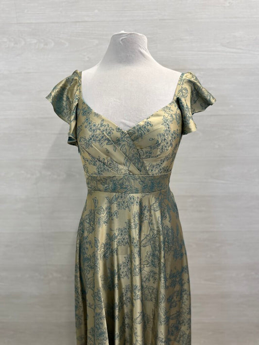Azazie Atelier Gold/ Teal Floral Print Flutter Sleeve Long Formal Dress 6