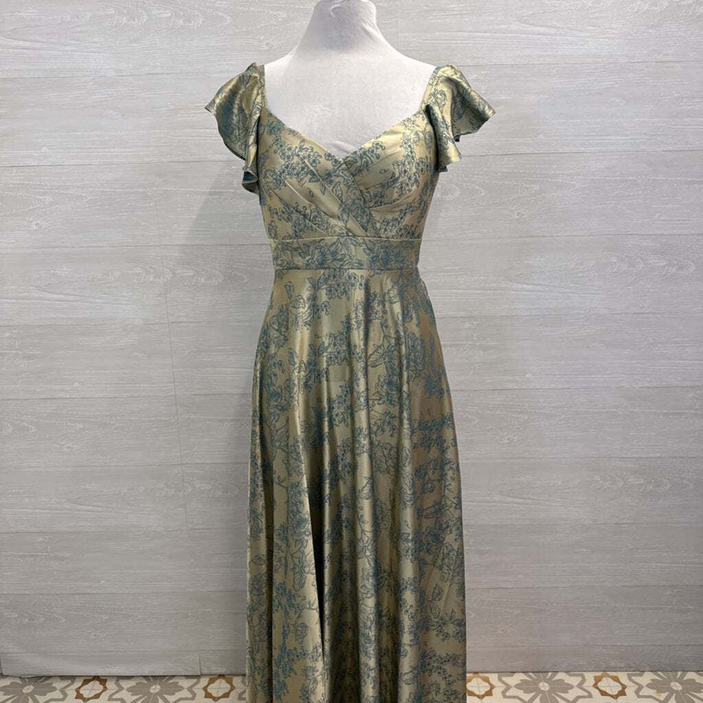Azazie Atelier Gold/ Teal Floral Print Flutter Sleeve Long Formal Dress 6