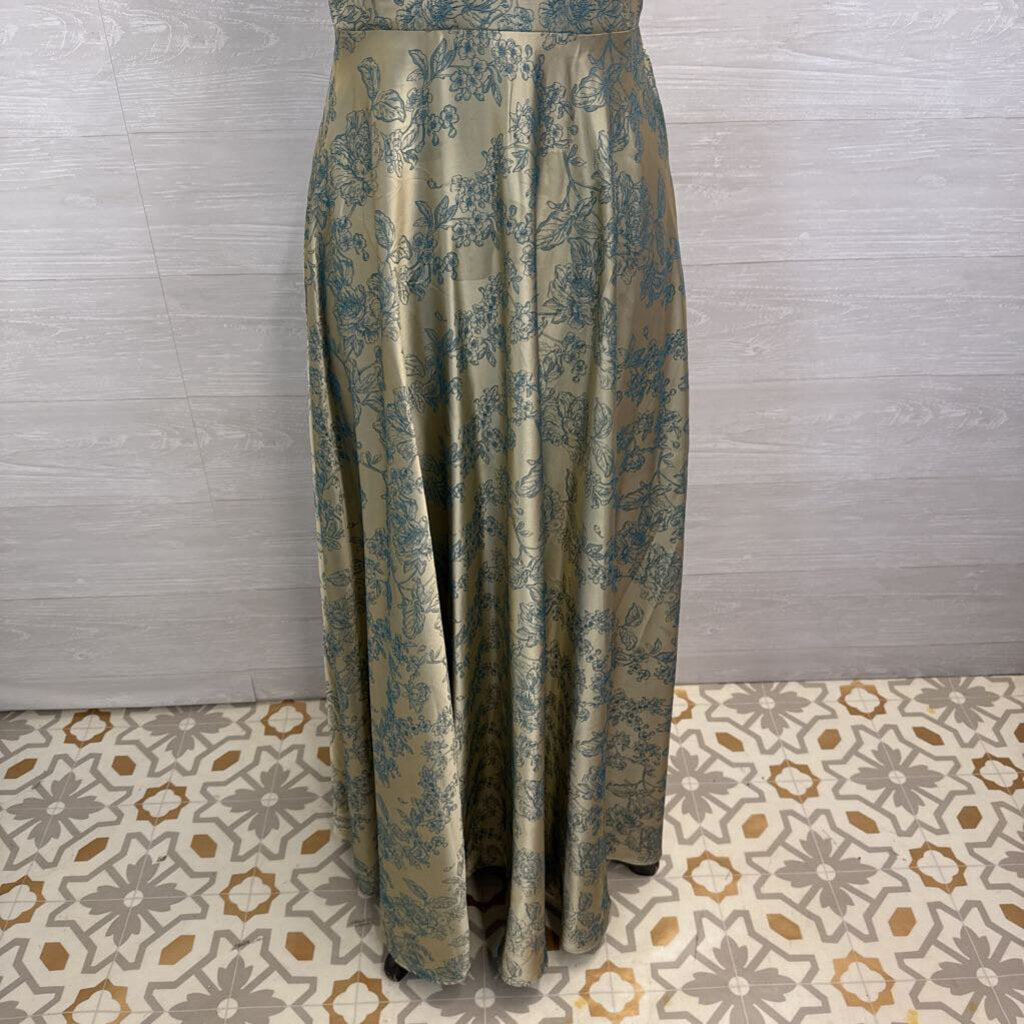 Azazie Atelier Gold/ Teal Floral Print Flutter Sleeve Long Formal Dress 6