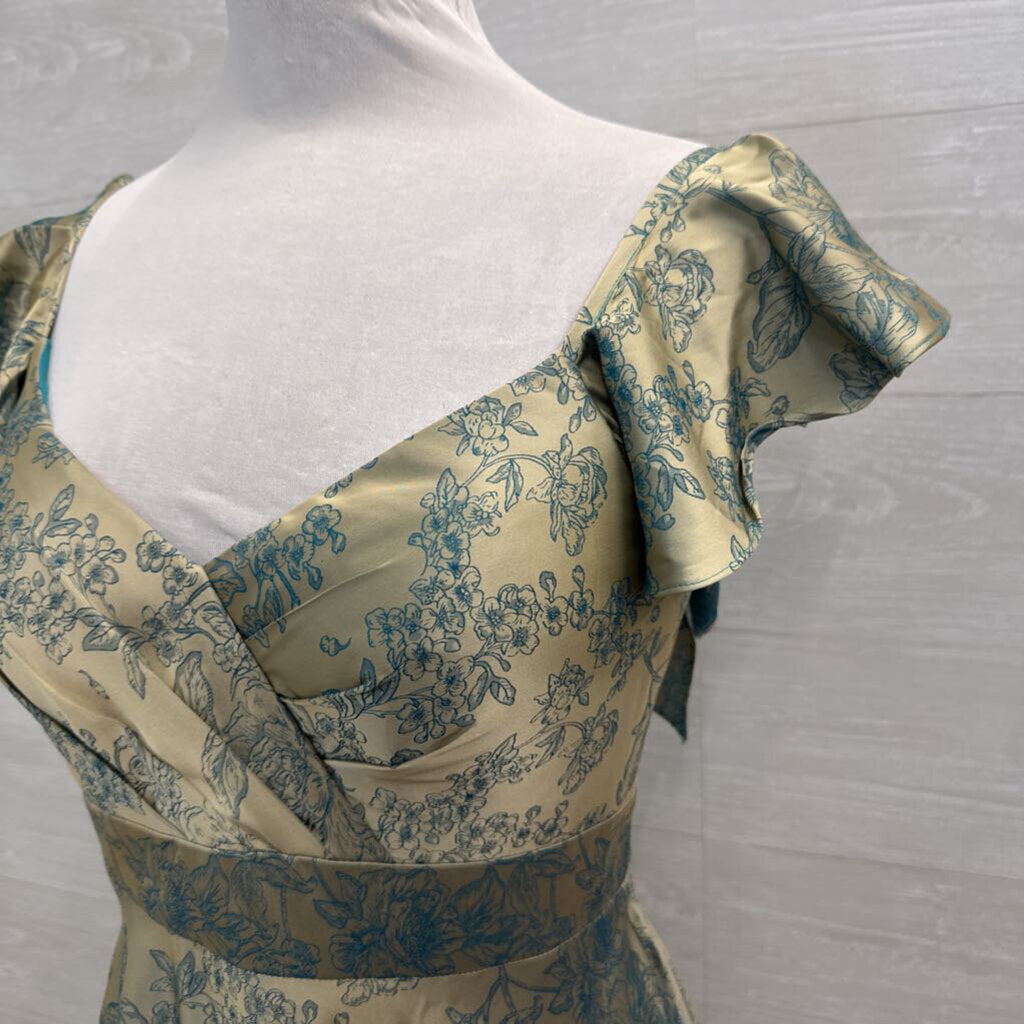 Azazie Atelier Gold/ Teal Floral Print Flutter Sleeve Long Formal Dress 6