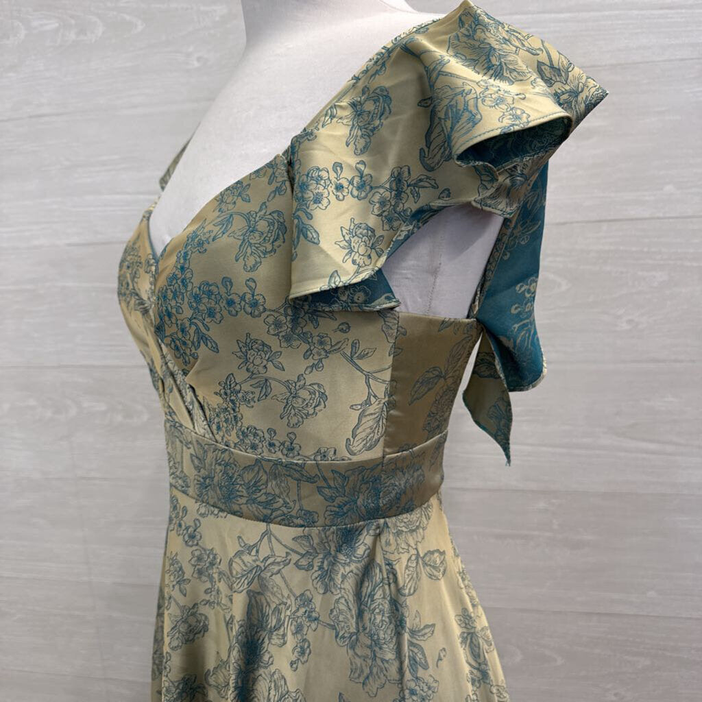 Azazie Atelier Gold/ Teal Floral Print Flutter Sleeve Long Formal Dress 6