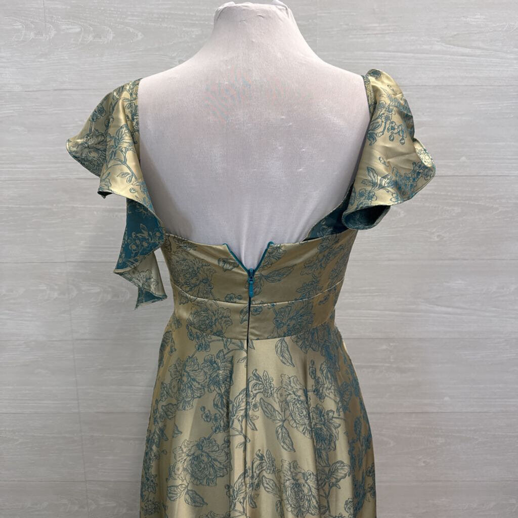 Azazie Atelier Gold/ Teal Floral Print Flutter Sleeve Long Formal Dress 6