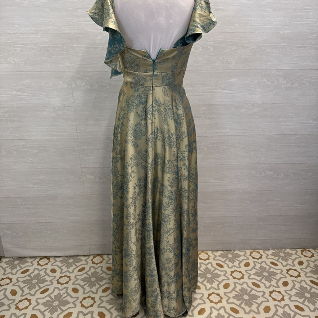 Azazie Atelier Gold/ Teal Floral Print Flutter Sleeve Long Formal Dress 6