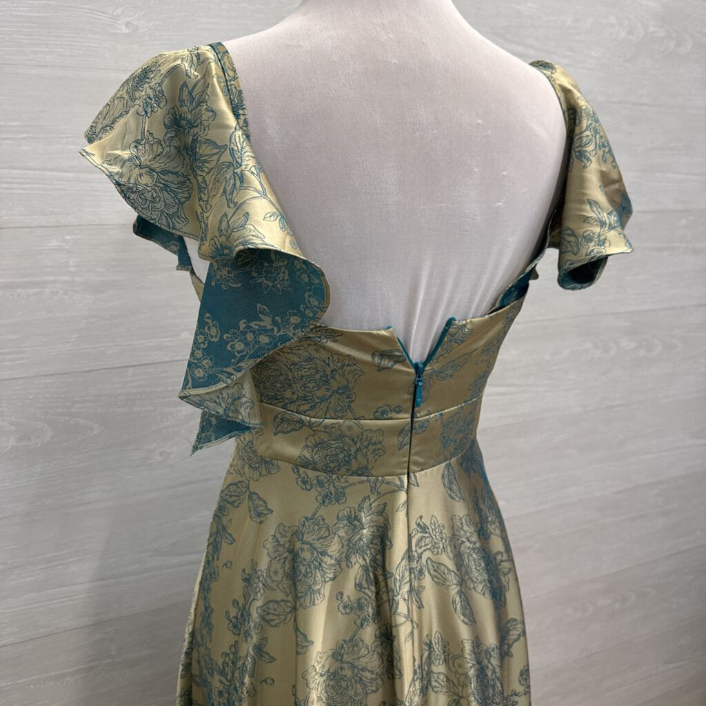 Azazie Atelier Gold/ Teal Floral Print Flutter Sleeve Long Formal Dress 6