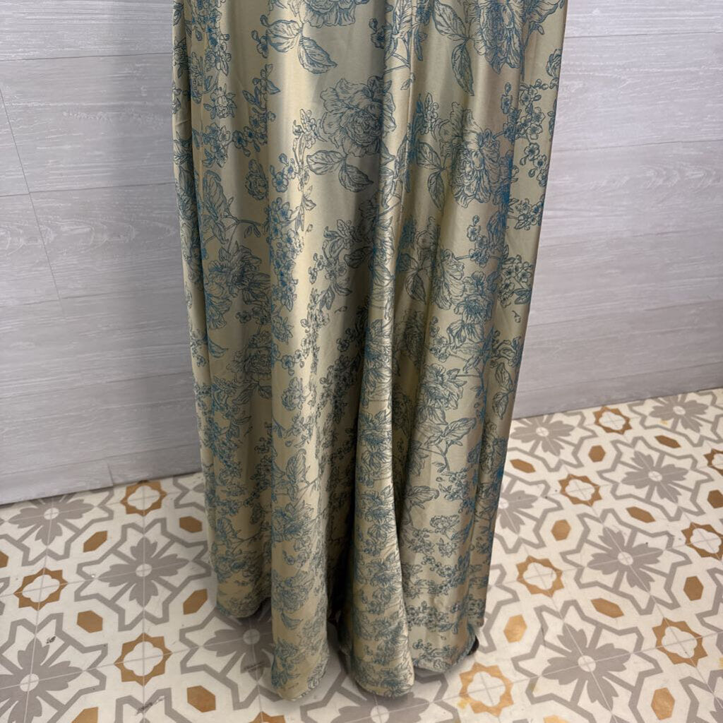 Azazie Atelier Gold/ Teal Floral Print Flutter Sleeve Long Formal Dress 6