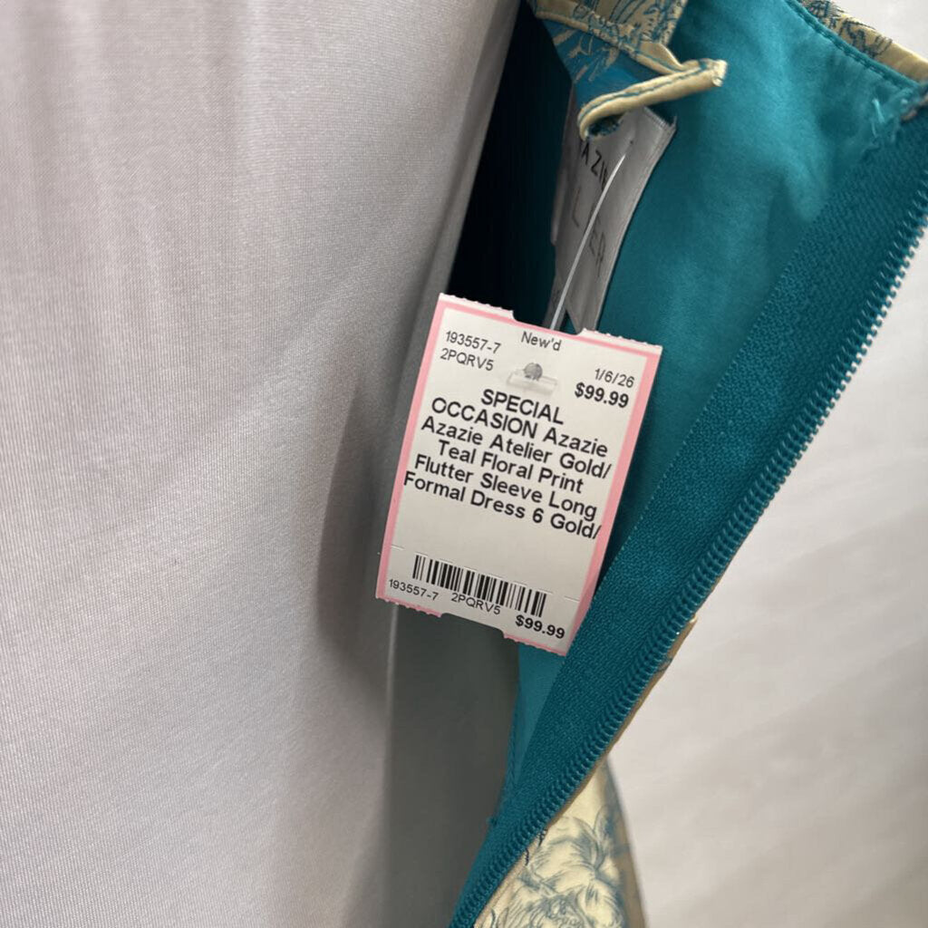 Azazie Atelier Gold/ Teal Floral Print Flutter Sleeve Long Formal Dress 6