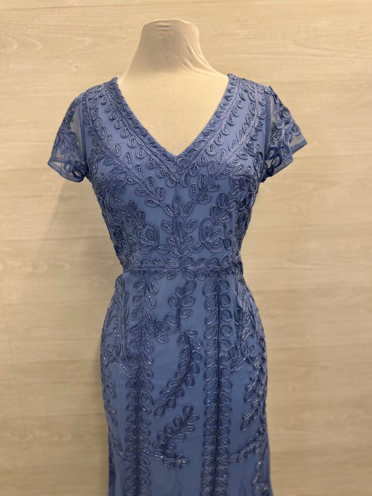 Marina Blue Beaded Lace Print Short Sleeve Long Formal Dress 10