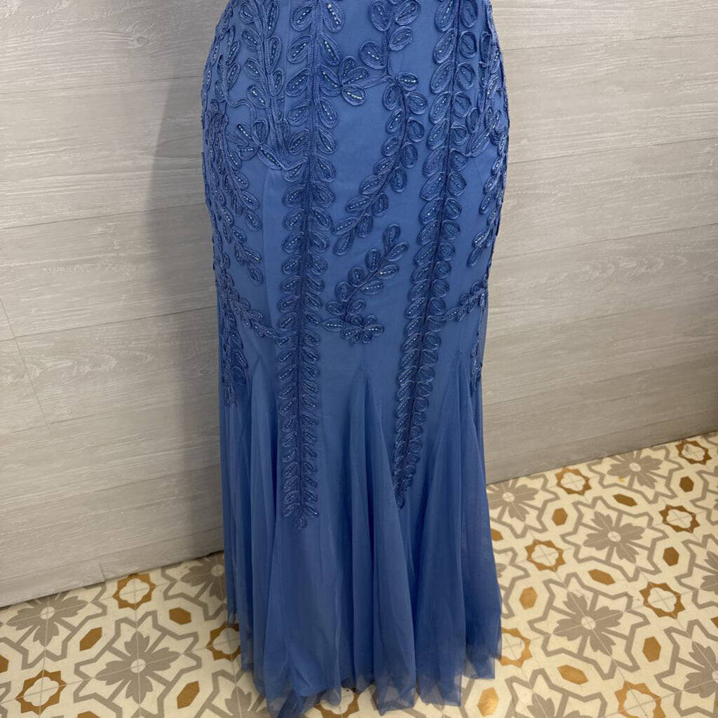 Marina Blue Beaded Lace Print Short Sleeve Long Formal Dress 10