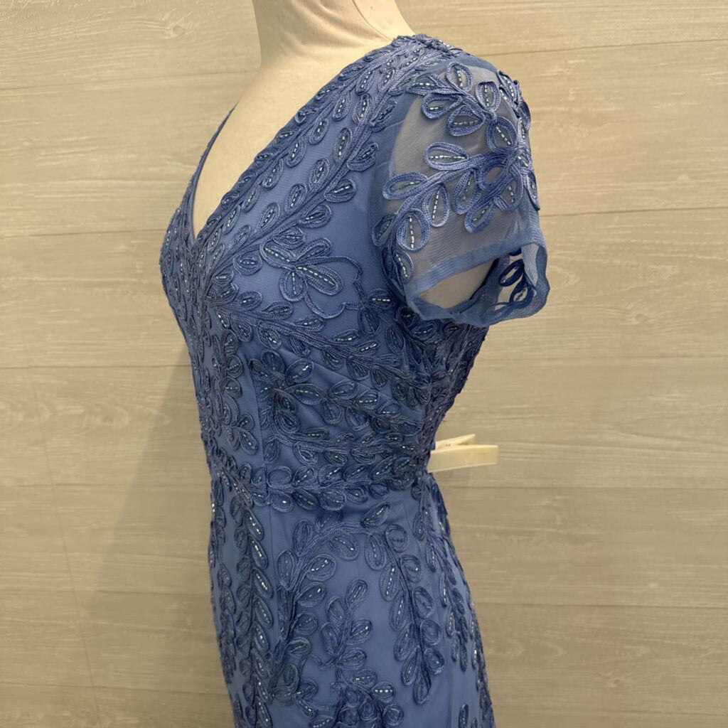 Marina Blue Beaded Lace Print Short Sleeve Long Formal Dress 10