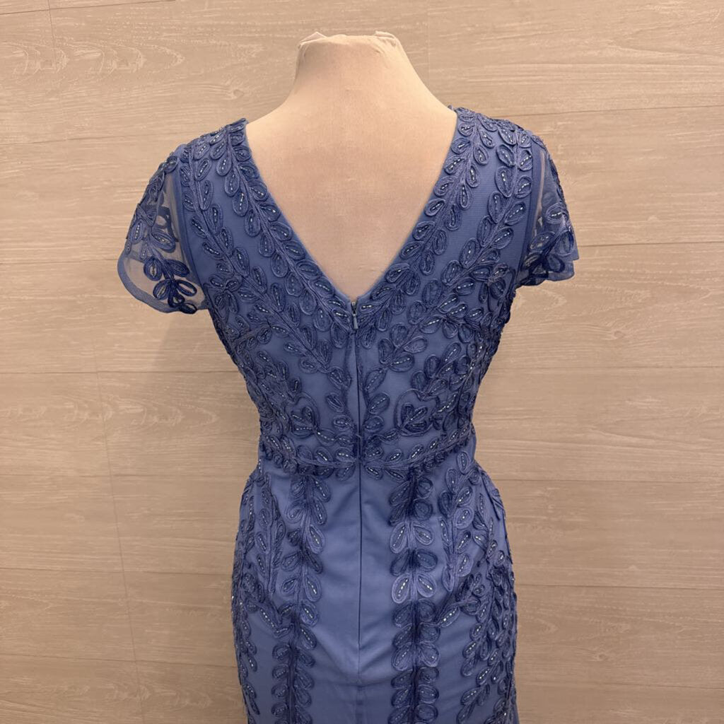 Marina Blue Beaded Lace Print Short Sleeve Long Formal Dress 10