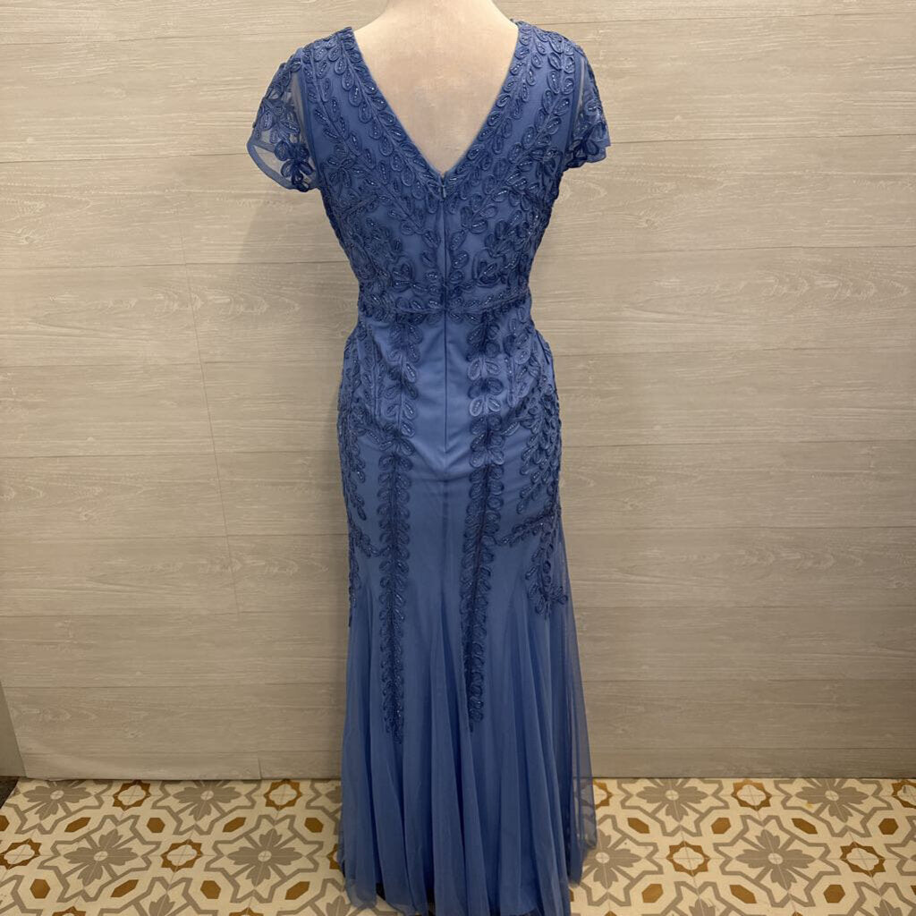 Marina Blue Beaded Lace Print Short Sleeve Long Formal Dress 10