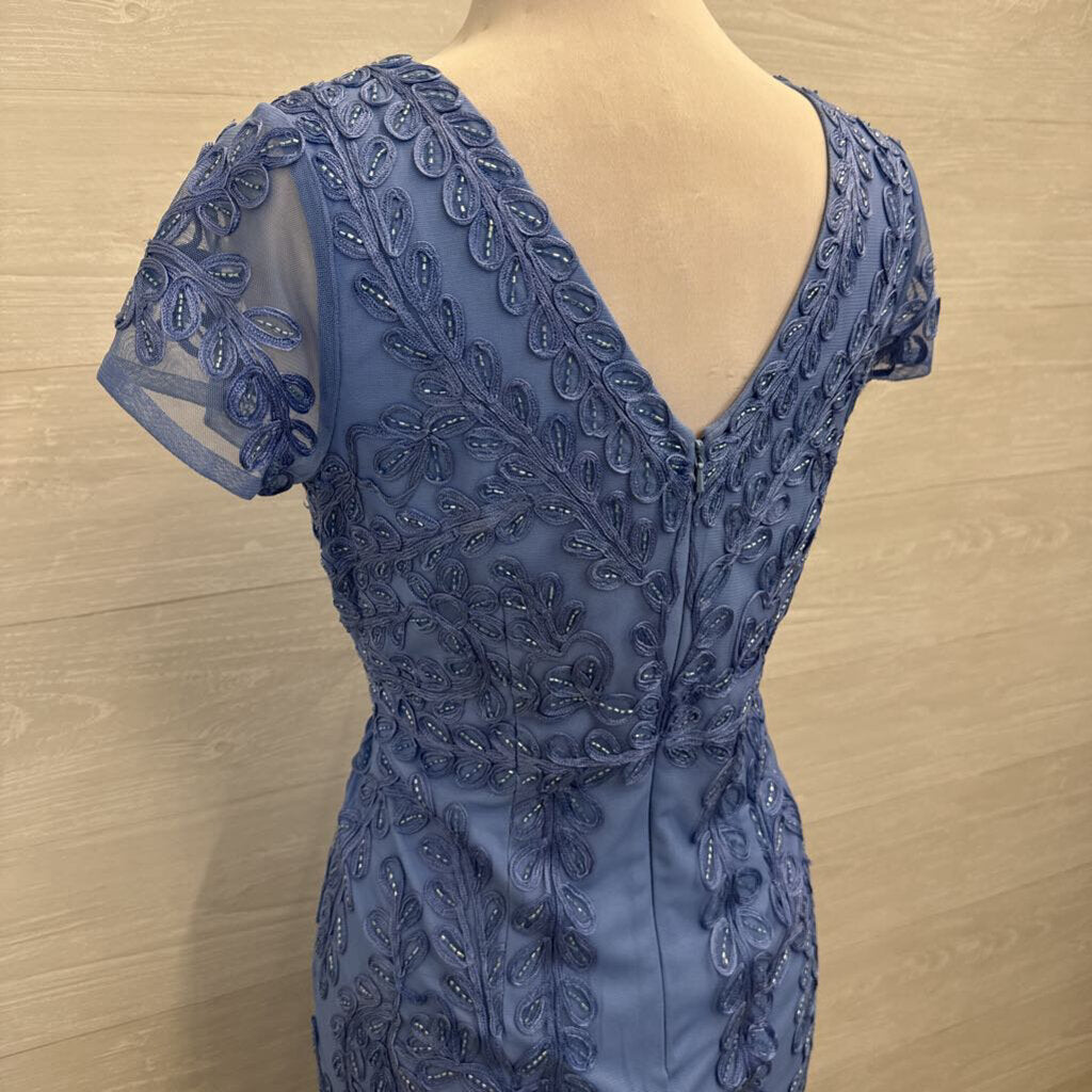 Marina Blue Beaded Lace Print Short Sleeve Long Formal Dress 10