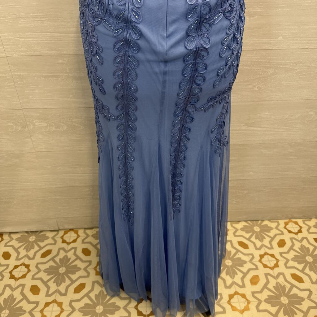 Marina Blue Beaded Lace Print Short Sleeve Long Formal Dress 10