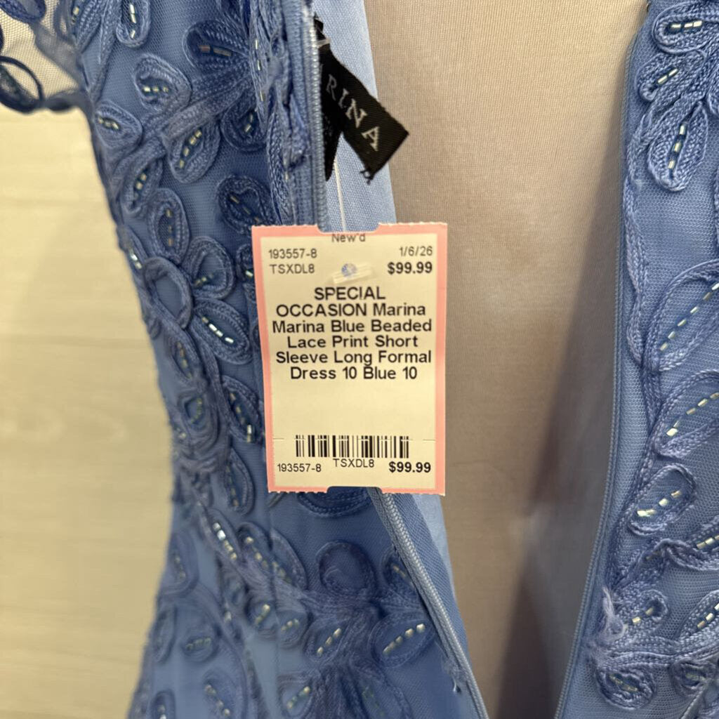 Marina Blue Beaded Lace Print Short Sleeve Long Formal Dress 10