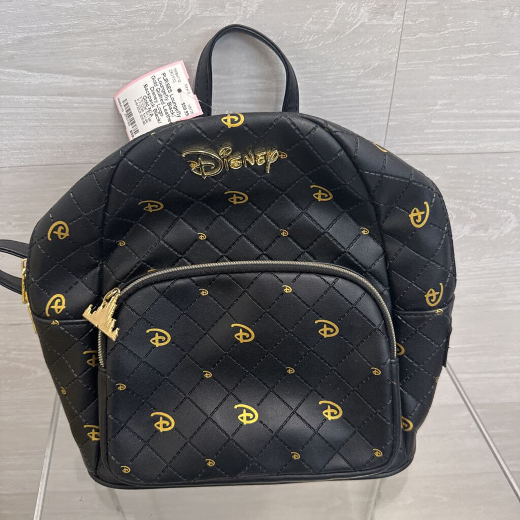 Loungefly Black/ Gold Quilted Leather Disney Logo Backpack
