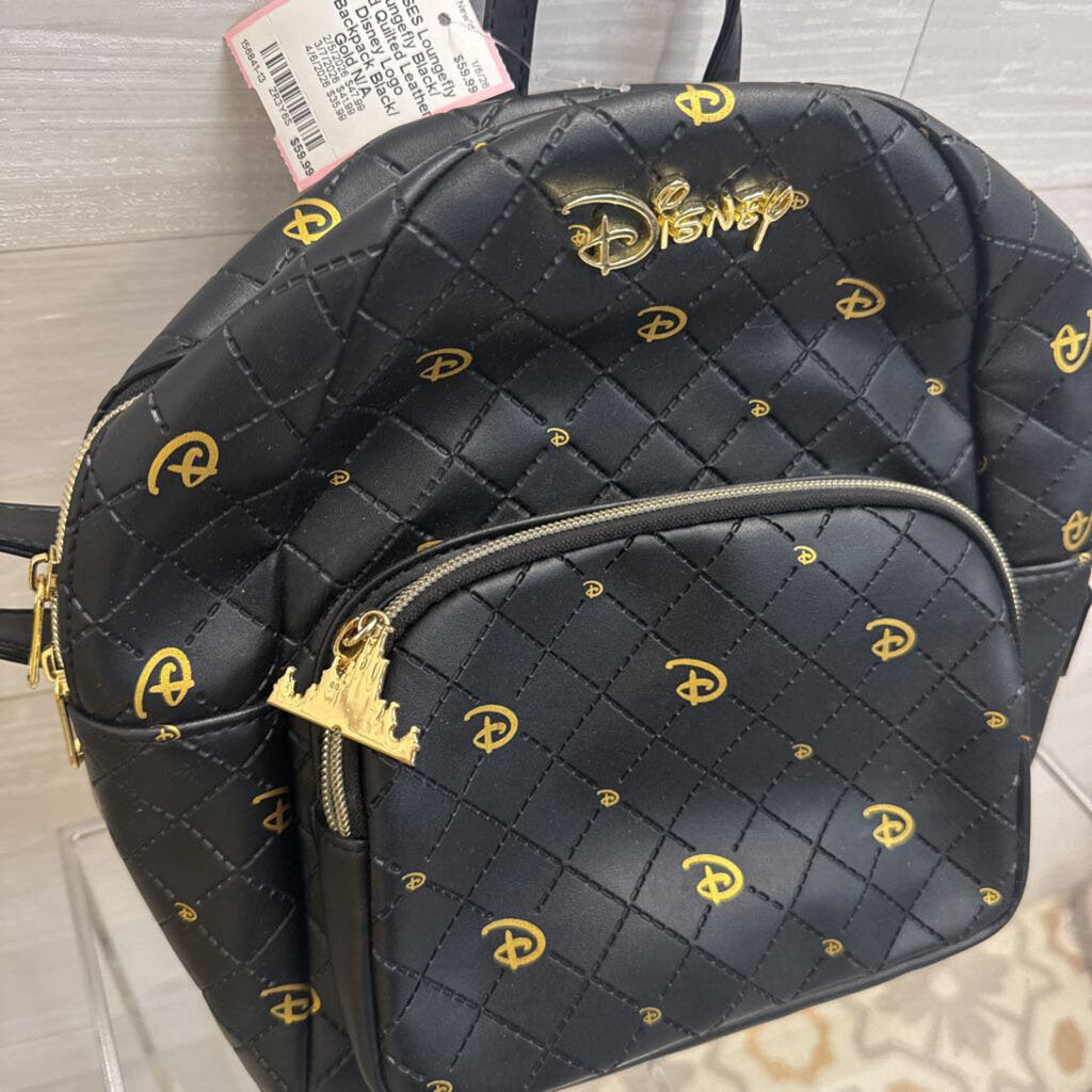 Loungefly Black/ Gold Quilted Leather Disney Logo Backpack