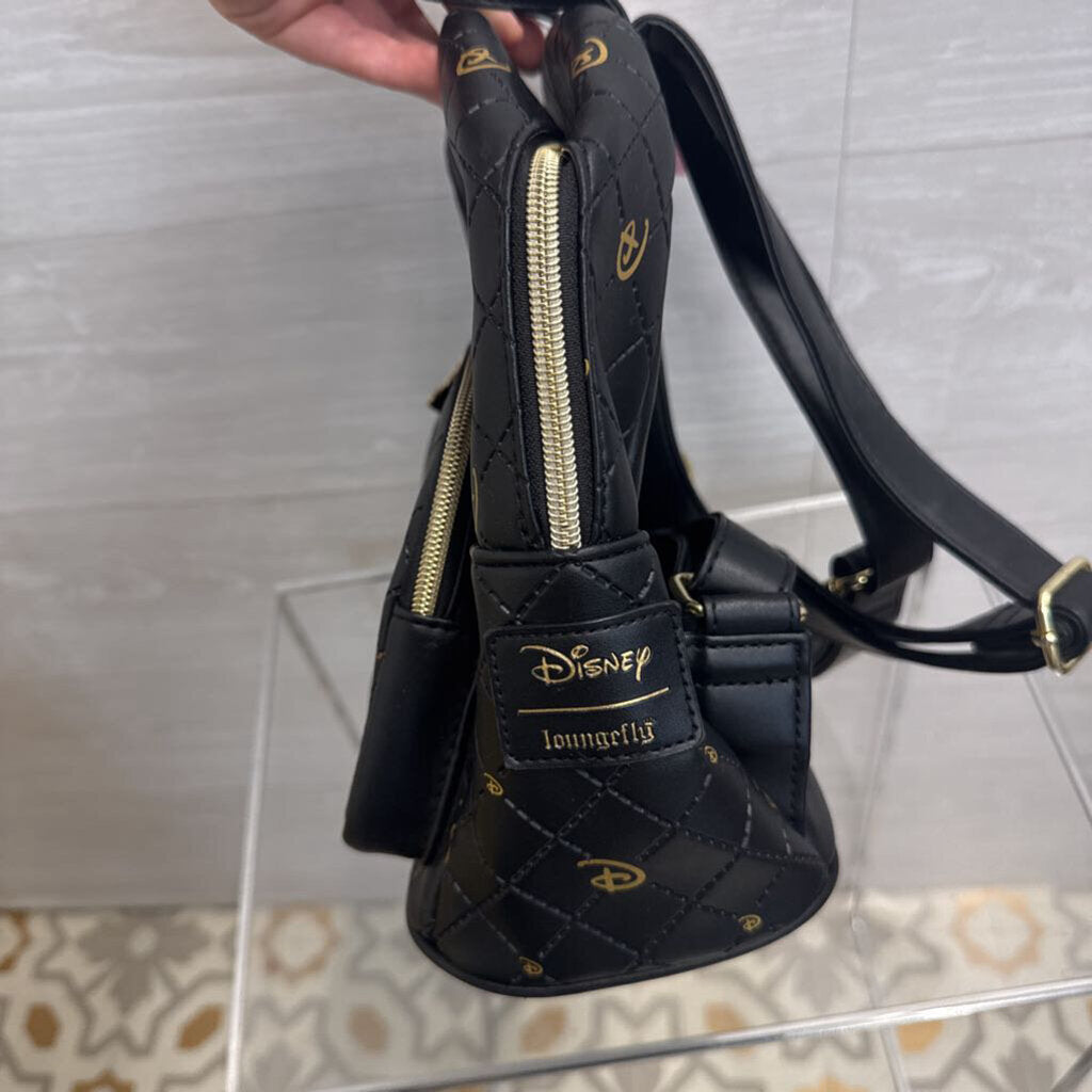 Loungefly Black/ Gold Quilted Leather Disney Logo Backpack
