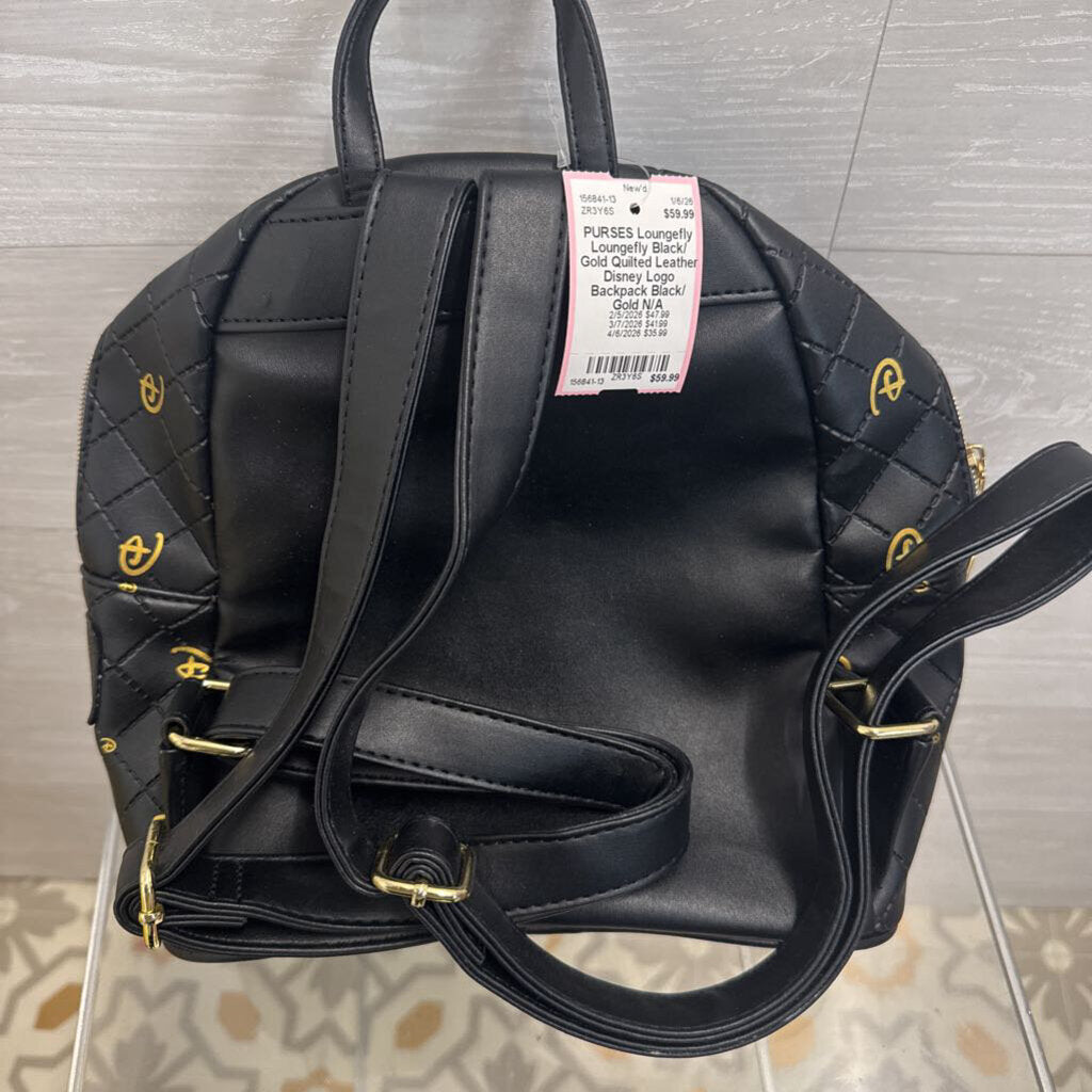 Loungefly Black/ Gold Quilted Leather Disney Logo Backpack