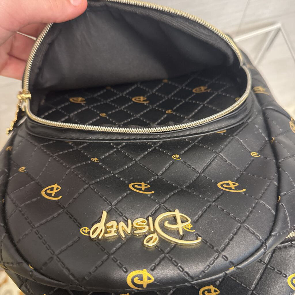 Loungefly Black/ Gold Quilted Leather Disney Logo Backpack