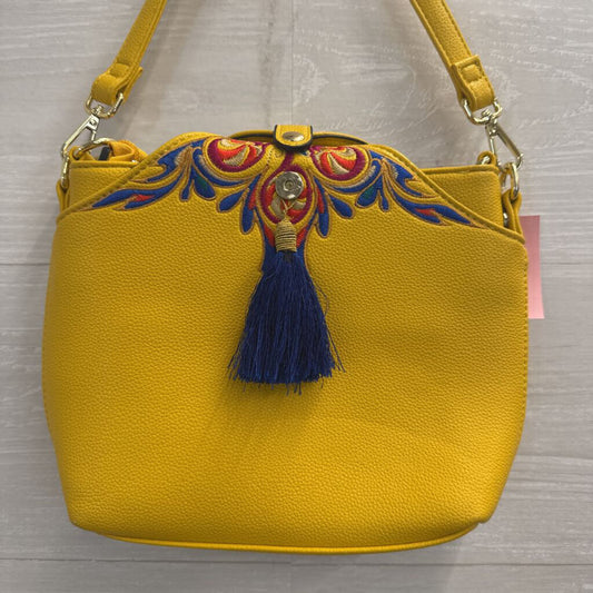 Yellow/ Multi Embroidered Leather Tassel Detail Purse