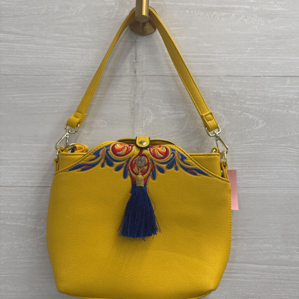Yellow/ Multi Embroidered Leather Tassel Detail Purse