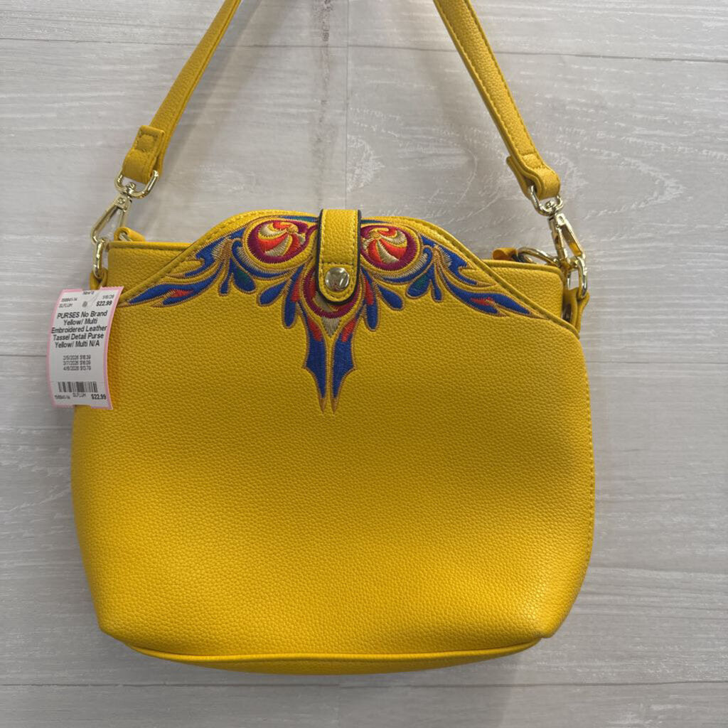 Yellow/ Multi Embroidered Leather Tassel Detail Purse