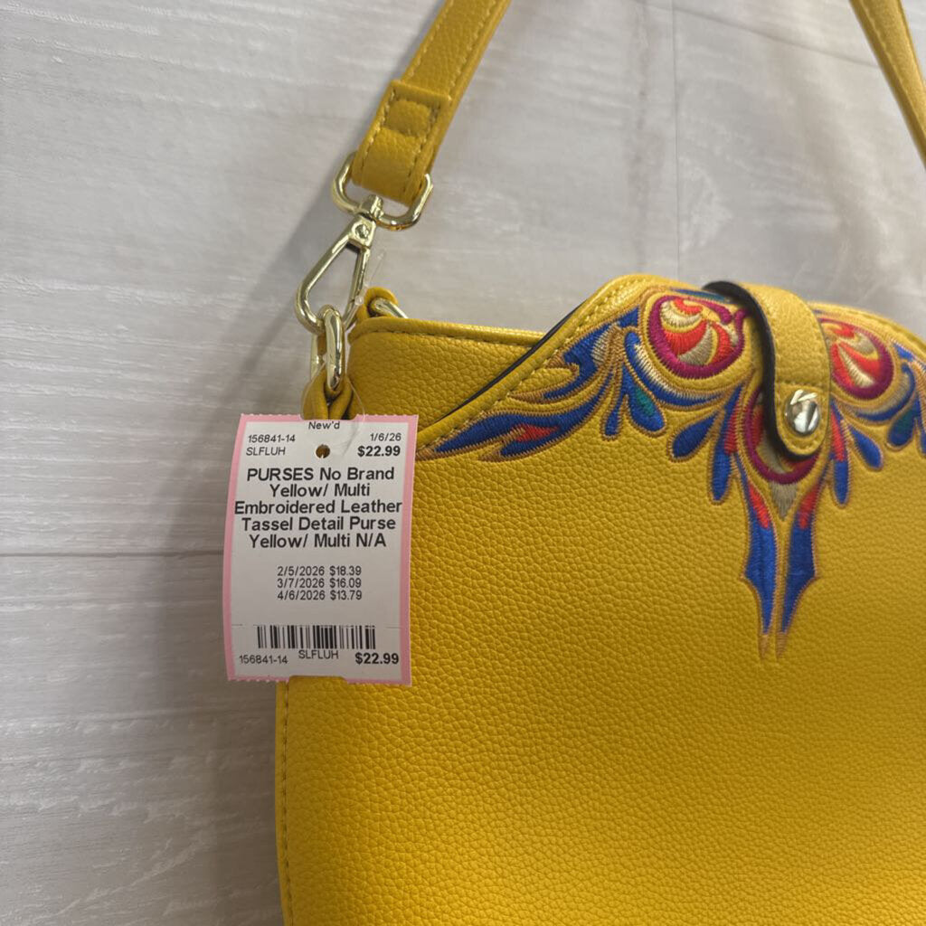 Yellow/ Multi Embroidered Leather Tassel Detail Purse