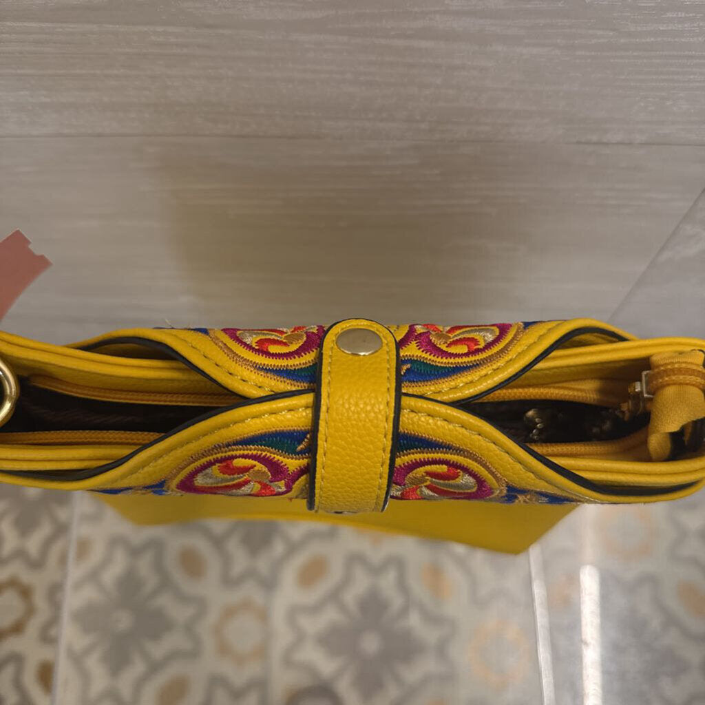 Yellow/ Multi Embroidered Leather Tassel Detail Purse
