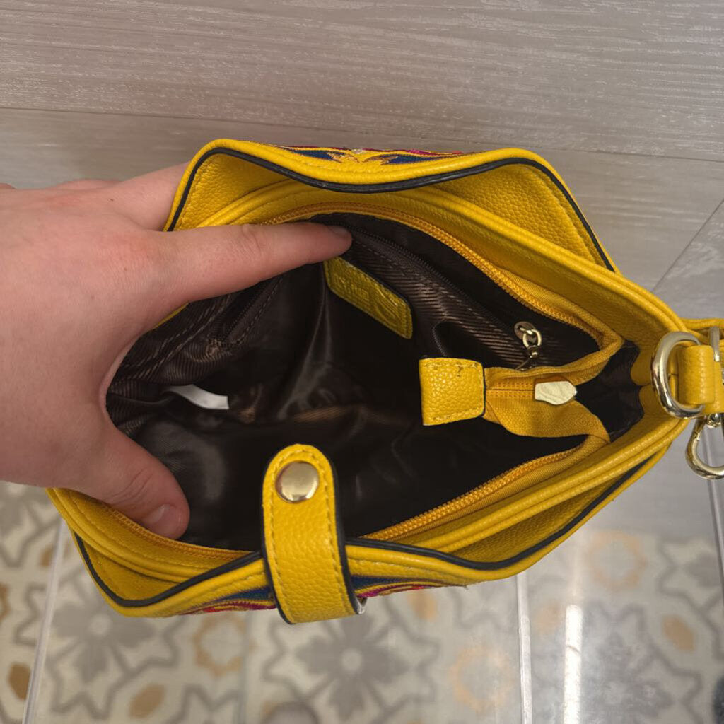 Yellow/ Multi Embroidered Leather Tassel Detail Purse