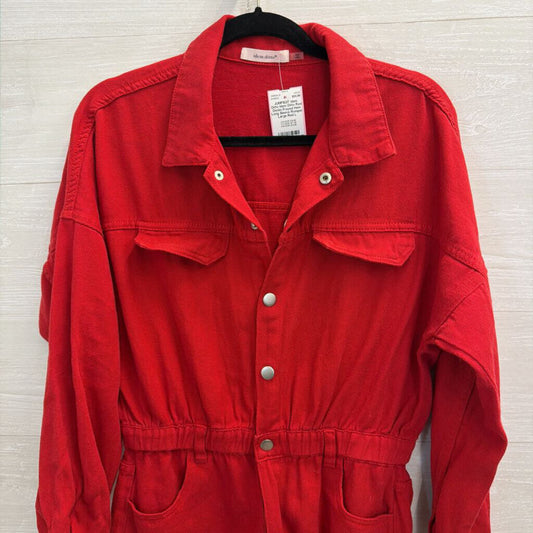 Idem Ditto Red Denim Frayed Hem Long Sleeve Romper Large