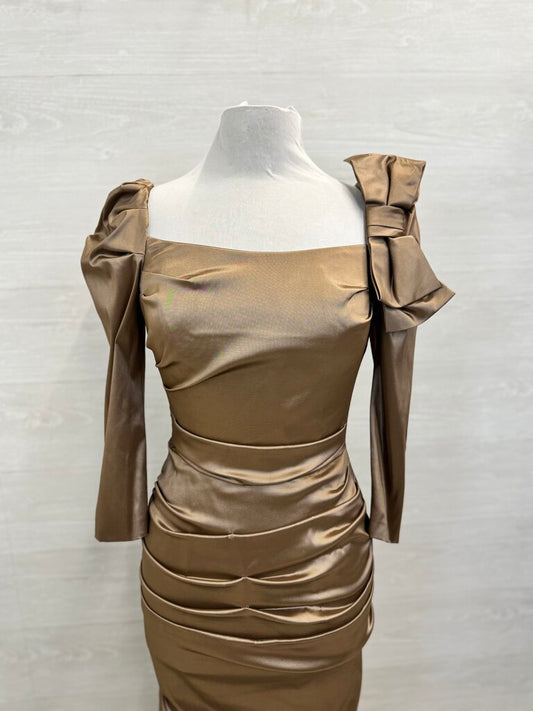 Teri Jon Brown Silky Ruched Long Sleeve Bow Detail Long Formal Dress 6