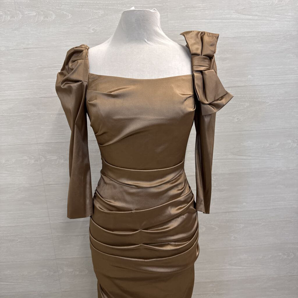 Teri Jon Brown Silky Ruched Long Sleeve Bow Detail Long Formal Dress 6