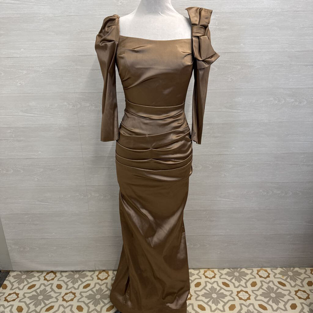 Teri Jon Brown Silky Ruched Long Sleeve Bow Detail Long Formal Dress 6