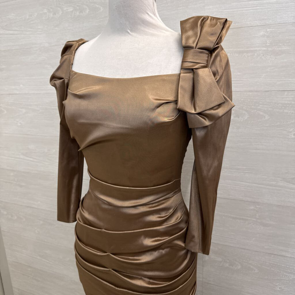 Teri Jon Brown Silky Ruched Long Sleeve Bow Detail Long Formal Dress 6