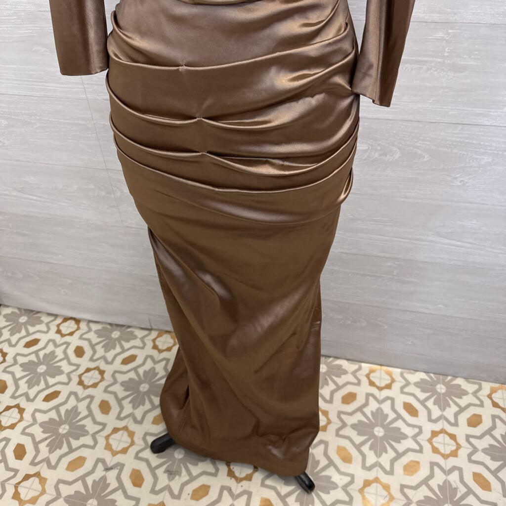 Teri Jon Brown Silky Ruched Long Sleeve Bow Detail Long Formal Dress 6