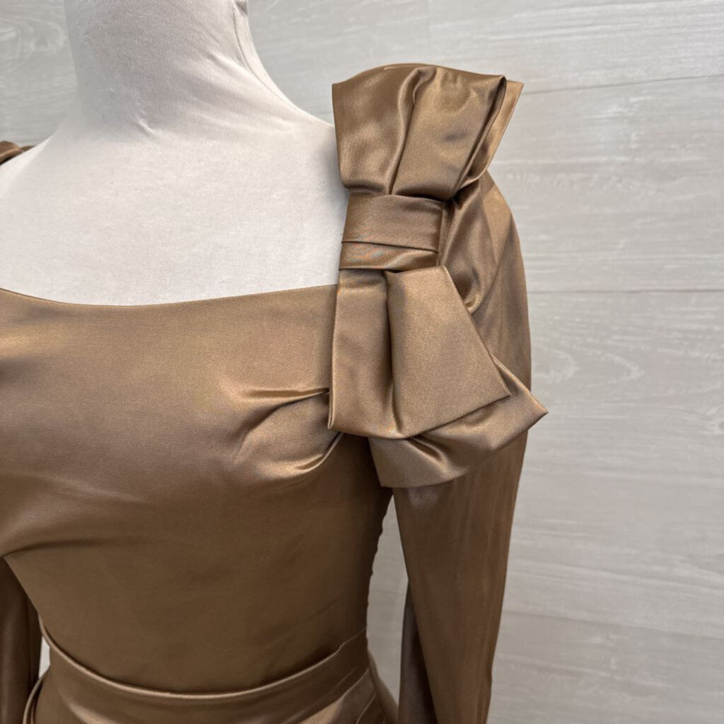 Teri Jon Brown Silky Ruched Long Sleeve Bow Detail Long Formal Dress 6