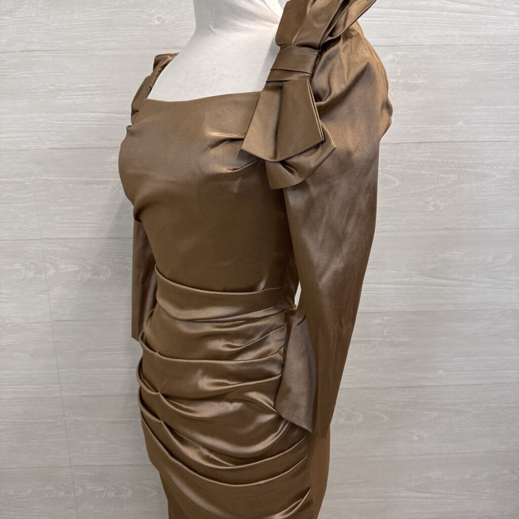 Teri Jon Brown Silky Ruched Long Sleeve Bow Detail Long Formal Dress 6
