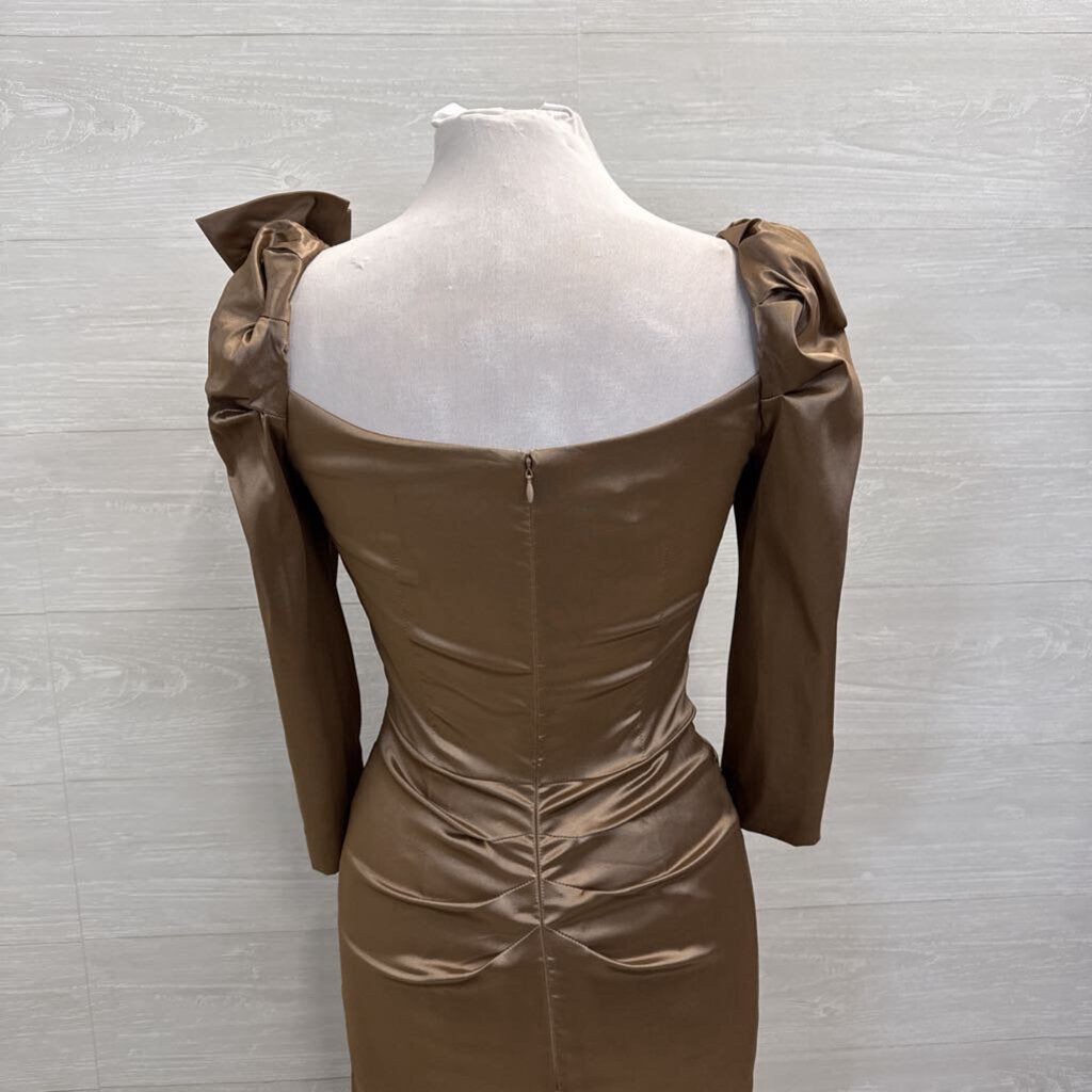 Teri Jon Brown Silky Ruched Long Sleeve Bow Detail Long Formal Dress 6