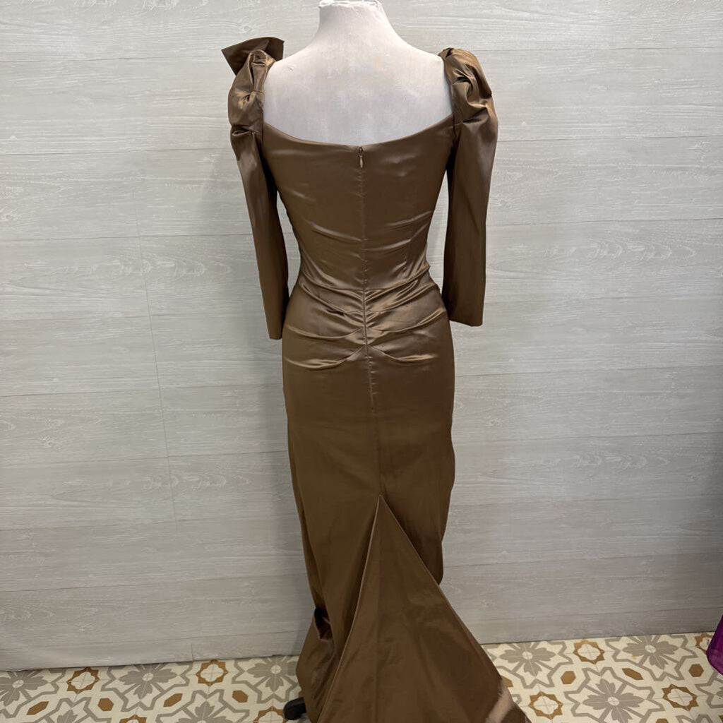 Teri Jon Brown Silky Ruched Long Sleeve Bow Detail Long Formal Dress 6