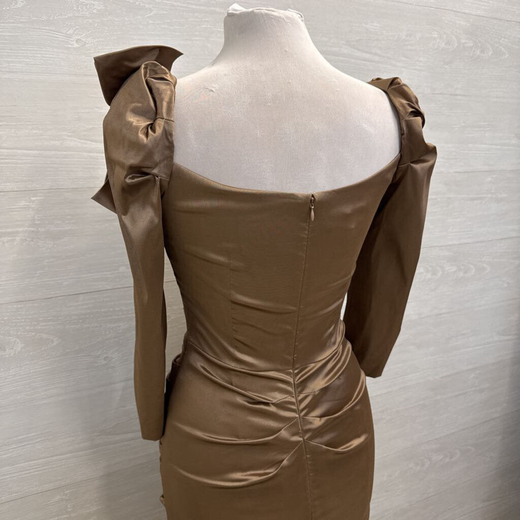 Teri Jon Brown Silky Ruched Long Sleeve Bow Detail Long Formal Dress 6