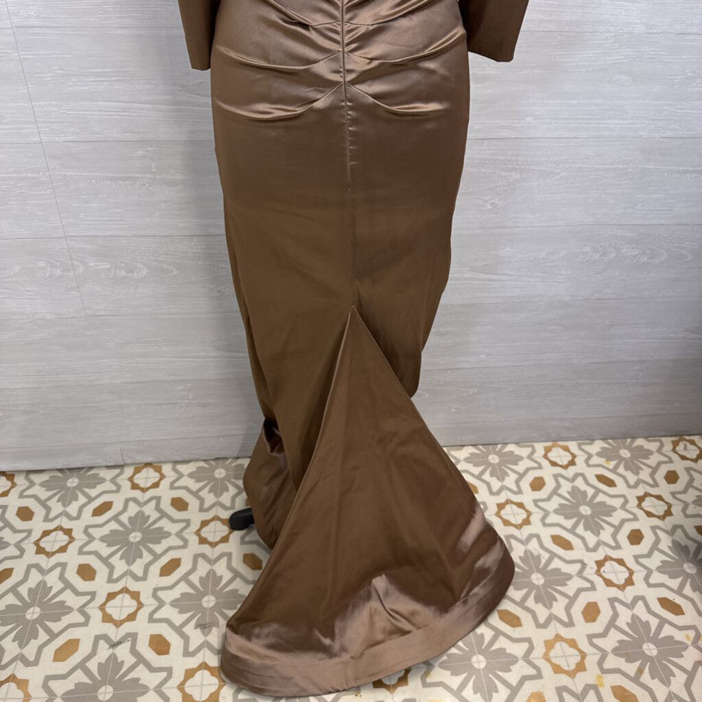 Teri Jon Brown Silky Ruched Long Sleeve Bow Detail Long Formal Dress 6